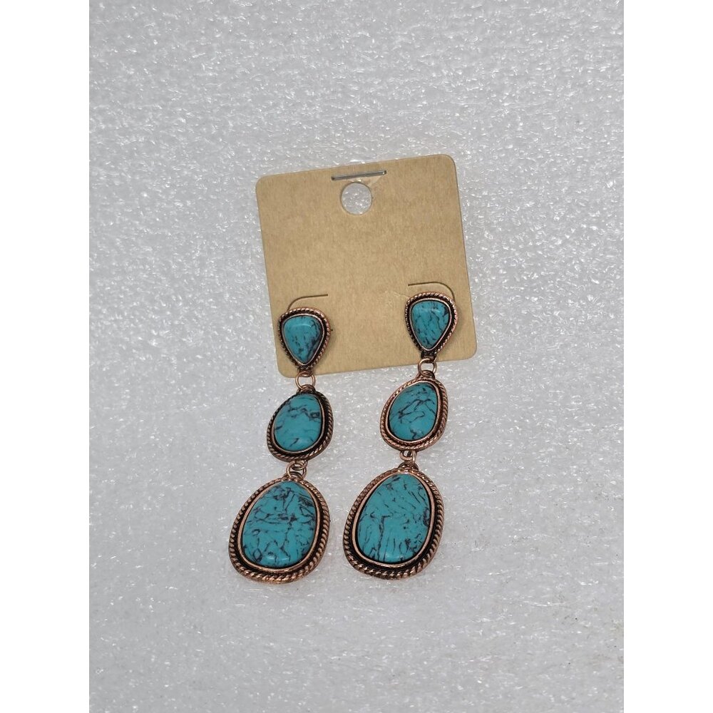Faux Turquoise & Copper Tone Dangle Earrings Teardrop Boho Style Western